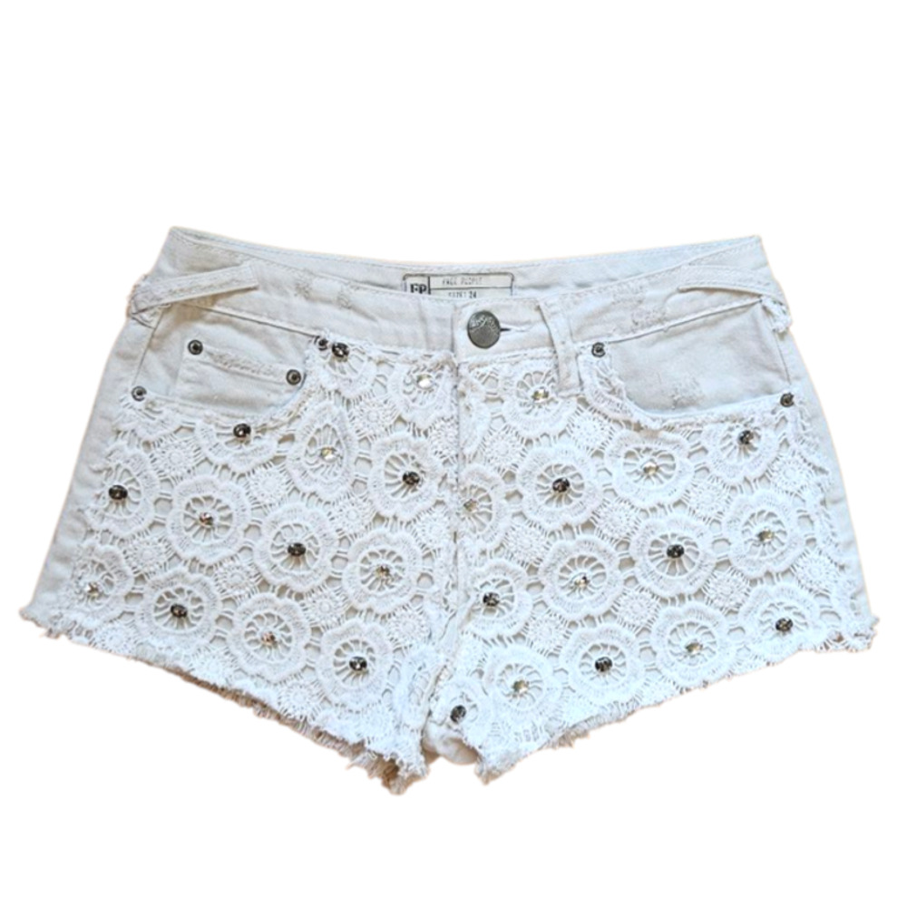 Free People Shorts Crochet Rhinestone Cut Offs White Women's 24